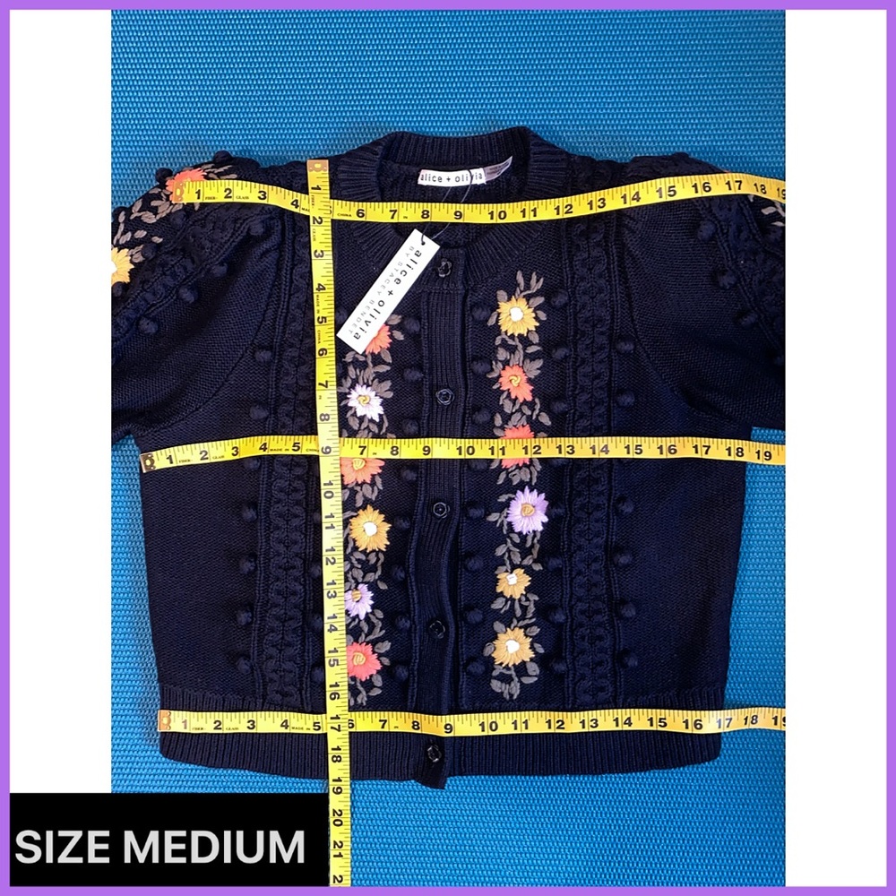 Alice + Olivia Kitty Floral Puff Sleeve Wool Blend Black Cardigan Sweater - Picture 12 of 16